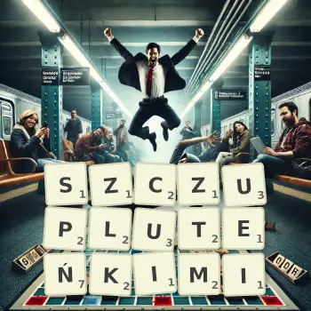 Kreatywna ilustracja do gry w Scrabble ze słowem SZCZUPLUTEŃKIMI ułożonym z płytek na planszy.