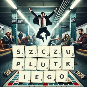 Kreatywna ilustracja do gry w Scrabble ze słowem SZCZUPLUTKIEGO ułożonym z płytek na planszy.