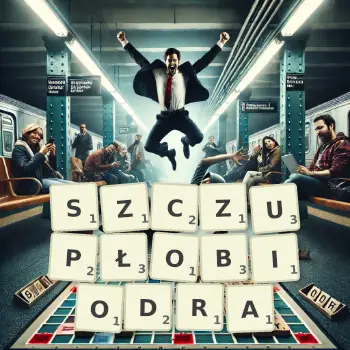 Kreatywna ilustracja do gry w Scrabble ze słowem SZCZUPŁOBIODRA ułożonym z płytek na planszy.