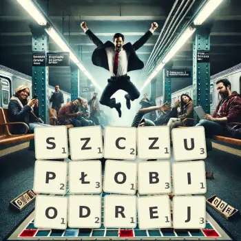 Kreatywna ilustracja do gry w Scrabble ze słowem SZCZUPŁOBIODREJ ułożonym z płytek na planszy.