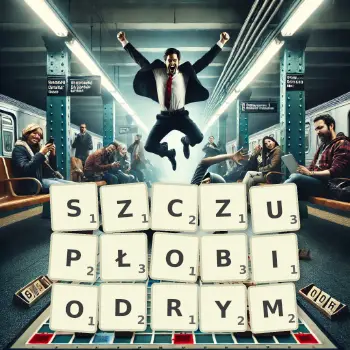 Kreatywna ilustracja do gry w Scrabble ze słowem SZCZUPŁOBIODRYM ułożonym z płytek na planszy.