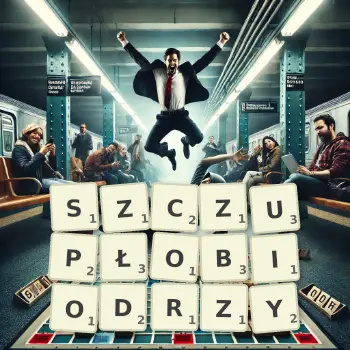 Kreatywna ilustracja do gry w Scrabble ze słowem SZCZUPŁOBIODRZY ułożonym z płytek na planszy.