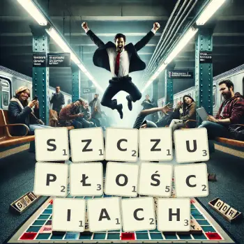 Kreatywna ilustracja do gry w Scrabble ze słowem SZCZUPŁOŚCIACH ułożonym z płytek na planszy.