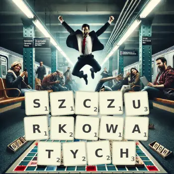Kreatywna ilustracja do gry w Scrabble ze słowem SZCZURKOWATYCH ułożonym z płytek na planszy.