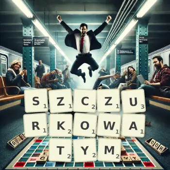 Kreatywna ilustracja do gry w Scrabble ze słowem SZCZURKOWATYM ułożonym z płytek na planszy.