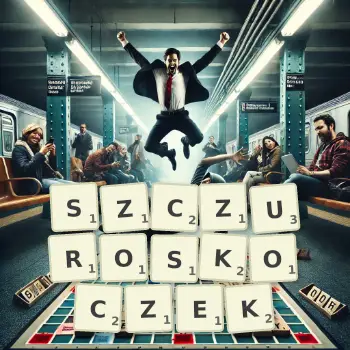 Kreatywna ilustracja do gry w Scrabble ze słowem SZCZUROSKOCZEK ułożonym z płytek na planszy.