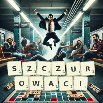 Kreatywna ilustracja do gry w Scrabble ze słowem SZCZUROWACI ułożonym z płytek na planszy.