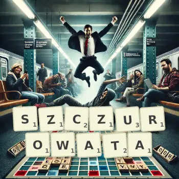 Kreatywna ilustracja do gry w Scrabble ze słowem SZCZUROWATA ułożonym z płytek na planszy.