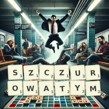Kreatywna ilustracja do gry w Scrabble ze słowem SZCZUROWATYM ułożonym z płytek na planszy.