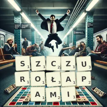 Kreatywna ilustracja do gry w Scrabble ze słowem SZCZUROŁAPAMI ułożonym z płytek na planszy.