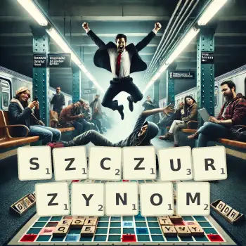 Kreatywna ilustracja do gry w Scrabble ze słowem SZCZURZYNOM ułożonym z płytek na planszy.