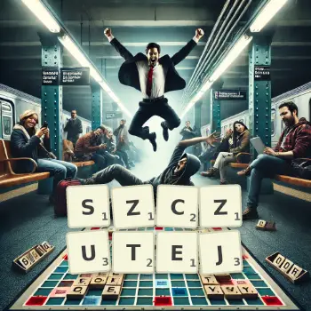 Kreatywna ilustracja do gry w Scrabble ze słowem SZCZUTEJ ułożonym z płytek na planszy.