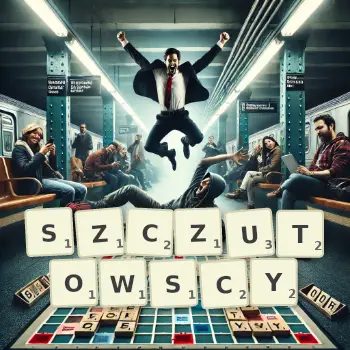 Kreatywna ilustracja do gry w Scrabble ze słowem SZCZUTOWSCY ułożonym z płytek na planszy.