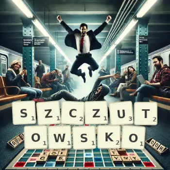 Kreatywna ilustracja do gry w Scrabble ze słowem SZCZUTOWSKO ułożonym z płytek na planszy.