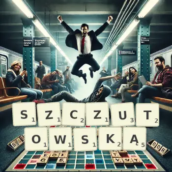 Kreatywna ilustracja do gry w Scrabble ze słowem SZCZUTOWSKĄ ułożonym z płytek na planszy.