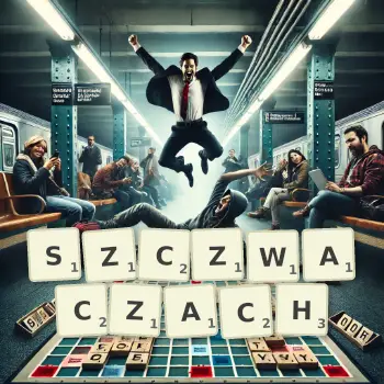 Kreatywna ilustracja do gry w Scrabble ze słowem SZCZWACZACH ułożonym z płytek na planszy.