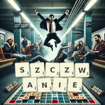 Kreatywna ilustracja do gry w Scrabble ze słowem SZCZWANIE ułożonym z płytek na planszy.
