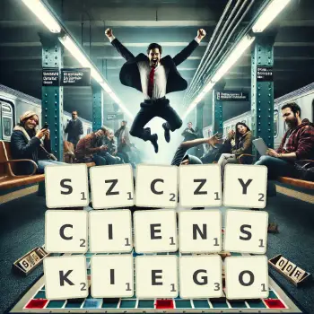 Kreatywna ilustracja do gry w Scrabble ze słowem SZCZYCIENSKIEGO ułożonym z płytek na planszy.