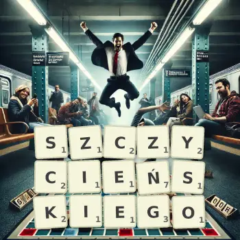 Kreatywna ilustracja do gry w Scrabble ze słowem SZCZYCIEŃSKIEGO ułożonym z płytek na planszy.