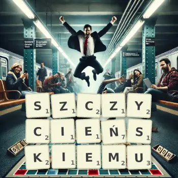 Kreatywna ilustracja do gry w Scrabble ze słowem SZCZYCIEŃSKIEMU ułożonym z płytek na planszy.