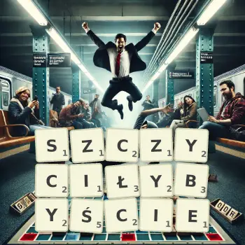Kreatywna ilustracja do gry w Scrabble ze słowem SZCZYCIŁYBYŚCIE ułożonym z płytek na planszy.