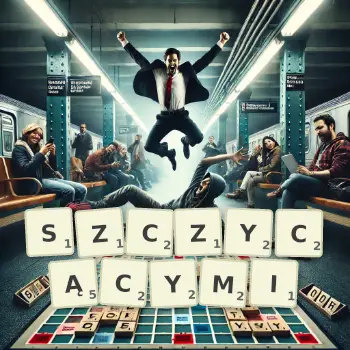 Kreatywna ilustracja do gry w Scrabble ze słowem SZCZYCĄCYMI ułożonym z płytek na planszy.