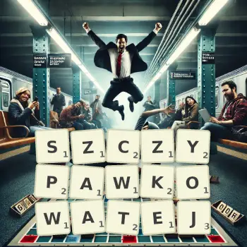Kreatywna ilustracja do gry w Scrabble ze słowem SZCZYPAWKOWATEJ ułożonym z płytek na planszy.
