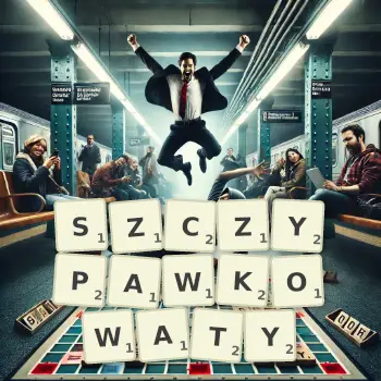 Kreatywna ilustracja do gry w Scrabble ze słowem SZCZYPAWKOWATY ułożonym z płytek na planszy.