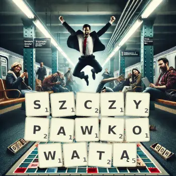 Kreatywna ilustracja do gry w Scrabble ze słowem SZCZYPAWKOWATĄ ułożonym z płytek na planszy.