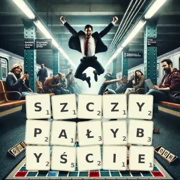 Kreatywna ilustracja do gry w Scrabble ze słowem SZCZYPAŁYBYŚCIE ułożonym z płytek na planszy.