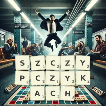 Kreatywna ilustracja do gry w Scrabble ze słowem SZCZYPCZYKACH ułożonym z płytek na planszy.