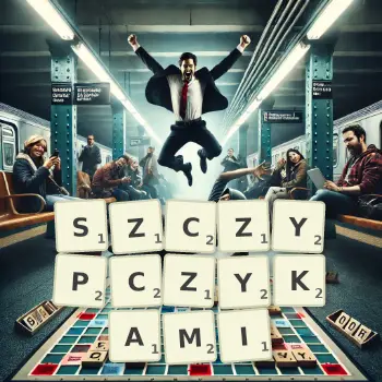 Kreatywna ilustracja do gry w Scrabble ze słowem SZCZYPCZYKAMI ułożonym z płytek na planszy.