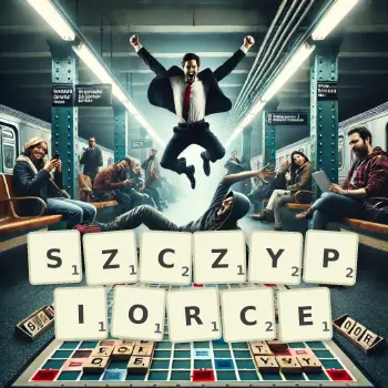 Kreatywna ilustracja do gry w Scrabble ze słowem SZCZYPIORCE ułożonym z płytek na planszy.