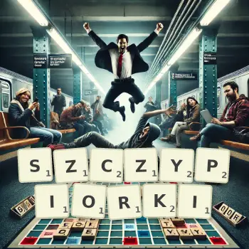 Kreatywna ilustracja do gry w Scrabble ze słowem SZCZYPIORKI ułożonym z płytek na planszy.