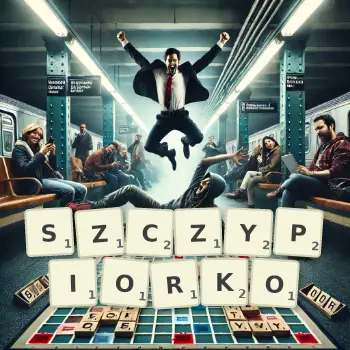 Kreatywna ilustracja do gry w Scrabble ze słowem SZCZYPIORKO ułożonym z płytek na planszy.