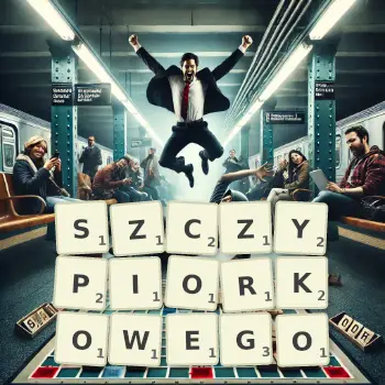 Kreatywna ilustracja do gry w Scrabble ze słowem SZCZYPIORKOWEGO ułożonym z płytek na planszy.