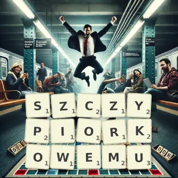 Kreatywna ilustracja do gry w Scrabble ze słowem SZCZYPIORKOWEMU ułożonym z płytek na planszy.