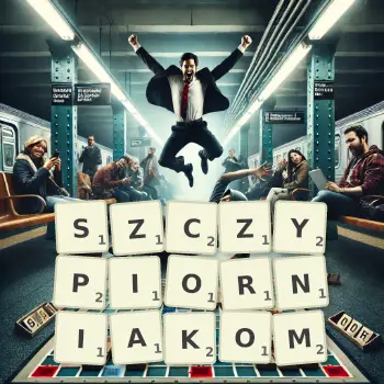 Kreatywna ilustracja do gry w Scrabble ze słowem SZCZYPIORNIAKOM ułożonym z płytek na planszy.