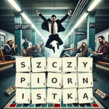 Kreatywna ilustracja do gry w Scrabble ze słowem SZCZYPIORNISTKĄ ułożonym z płytek na planszy.