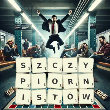 Kreatywna ilustracja do gry w Scrabble ze słowem SZCZYPIORNISTÓW ułożonym z płytek na planszy.