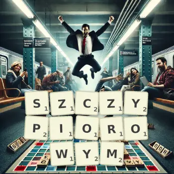 Kreatywna ilustracja do gry w Scrabble ze słowem SZCZYPIOROWYM ułożonym z płytek na planszy.