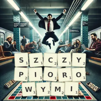 Kreatywna ilustracja do gry w Scrabble ze słowem SZCZYPIOROWYMI ułożonym z płytek na planszy.