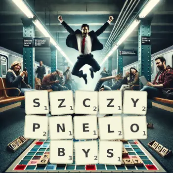 Kreatywna ilustracja do gry w Scrabble ze słowem SZCZYPNELOBYS ułożonym z płytek na planszy.