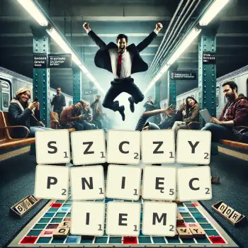 Kreatywna ilustracja do gry w Scrabble ze słowem SZCZYPNIĘCIEM ułożonym z płytek na planszy.