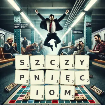 Kreatywna ilustracja do gry w Scrabble ze słowem SZCZYPNIĘCIOM ułożonym z płytek na planszy.