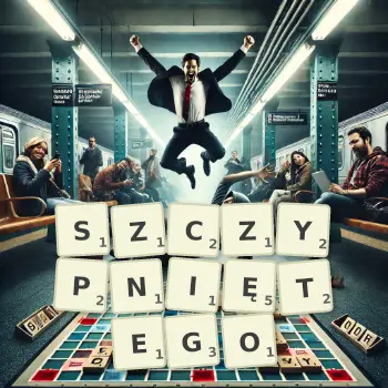 Kreatywna ilustracja do gry w Scrabble ze słowem SZCZYPNIĘTEGO ułożonym z płytek na planszy.