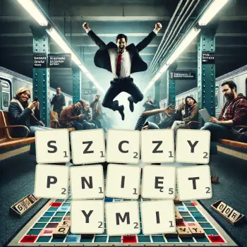 Kreatywna ilustracja do gry w Scrabble ze słowem SZCZYPNIĘTYMI ułożonym z płytek na planszy.