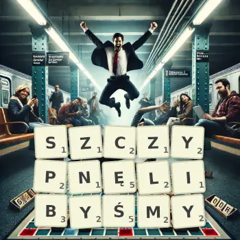 Kreatywna ilustracja do gry w Scrabble ze słowem SZCZYPNĘLIBYŚMY ułożonym z płytek na planszy.