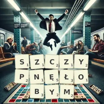 Kreatywna ilustracja do gry w Scrabble ze słowem SZCZYPNĘŁOBYM ułożonym z płytek na planszy.