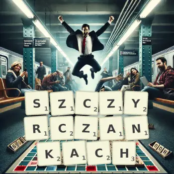 Kreatywna ilustracja do gry w Scrabble ze słowem SZCZYRCZANKACH ułożonym z płytek na planszy.